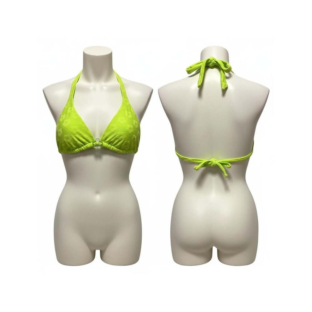 Victoria's Secret Halter Bikini Top Neon Green Floral Flower Accent XS